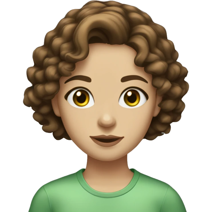 girl green eyes, medium-length brown hair, slightly curly, not thick eyebrows, medium lips with corners, round-oval face shape, small nose emoji