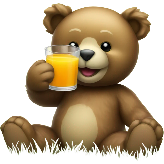 Teddy bear holding a glass of juice sitting on green grass emoji