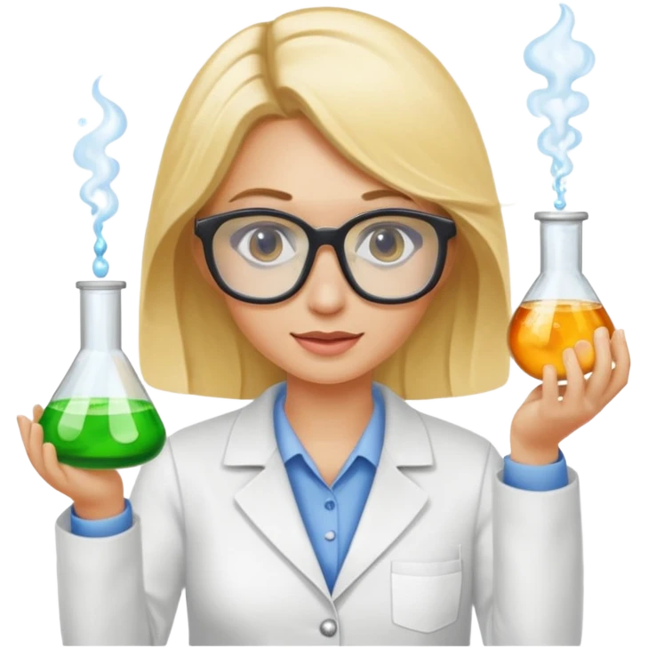 Eine hellblonde Chemikerin mit typischem Erlmeyerkolben in der Hand und Laborbrille auf emoji