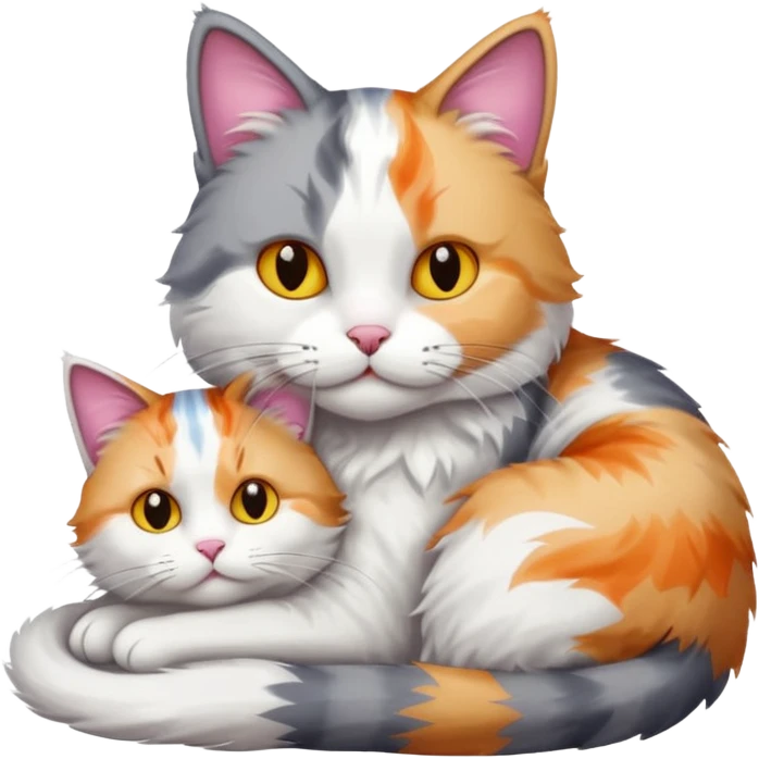 large grey and white cat cuddling a colourful light patched calico + white tabby cat emoji