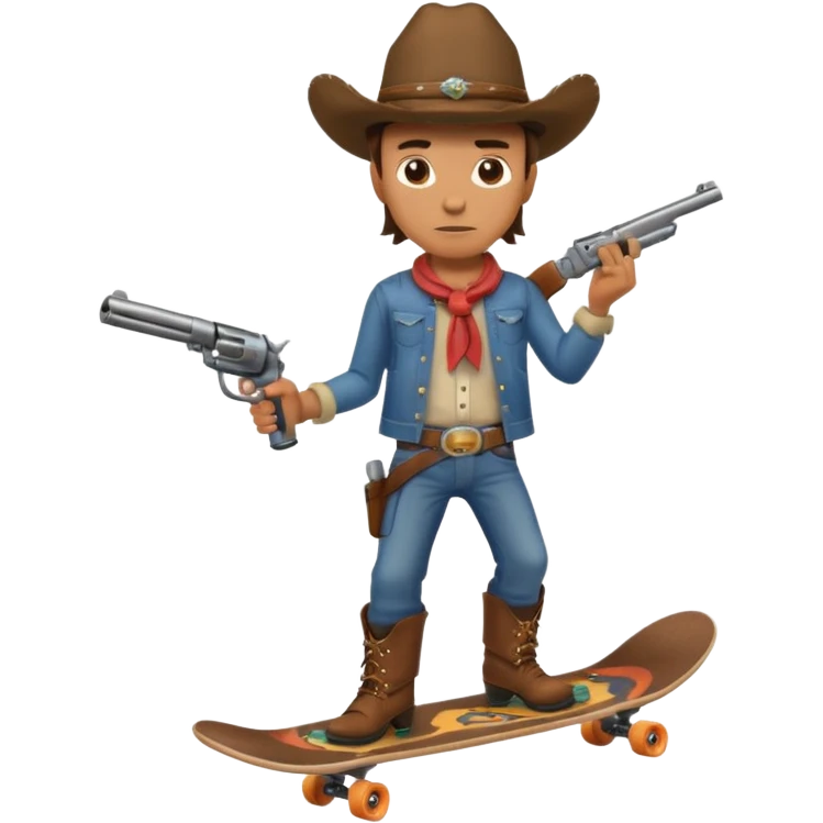 A very dangerous looking cowboy holding a gun and riding a skateboard  emoji