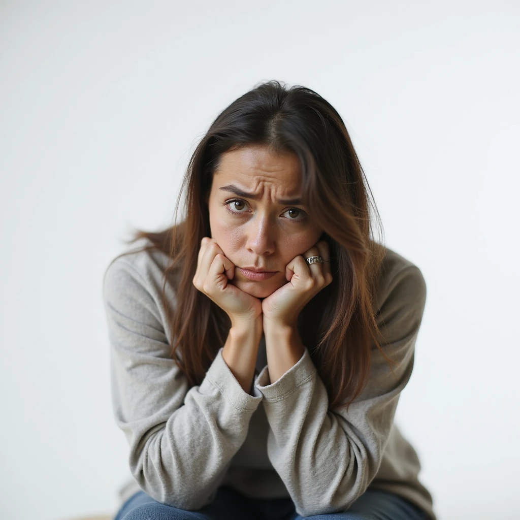 woman with vitamin B12 deficiency, tired and fatigued expression, prominent dark circles, slouched or seated posture with lowered shoulders, realistic environment, hyperrealistic 4K details, vertical 9:16 format, neutral or white background emoji