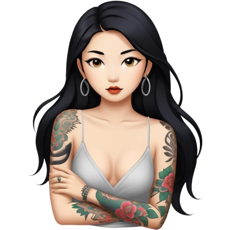 Beautiful Asian woman with long black hair and body tattoos sexy pose sfw emoji