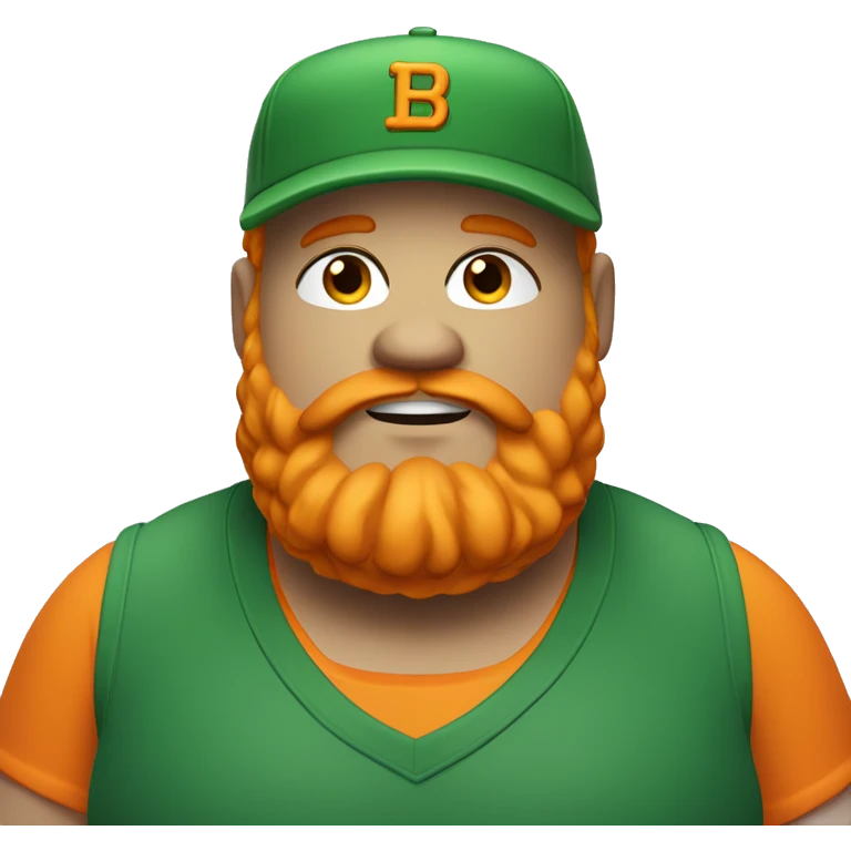 fat man with orange hair and large beard. Green baseball cap and confident. smug expression with a slight smirk and half-closed eyes. emoji