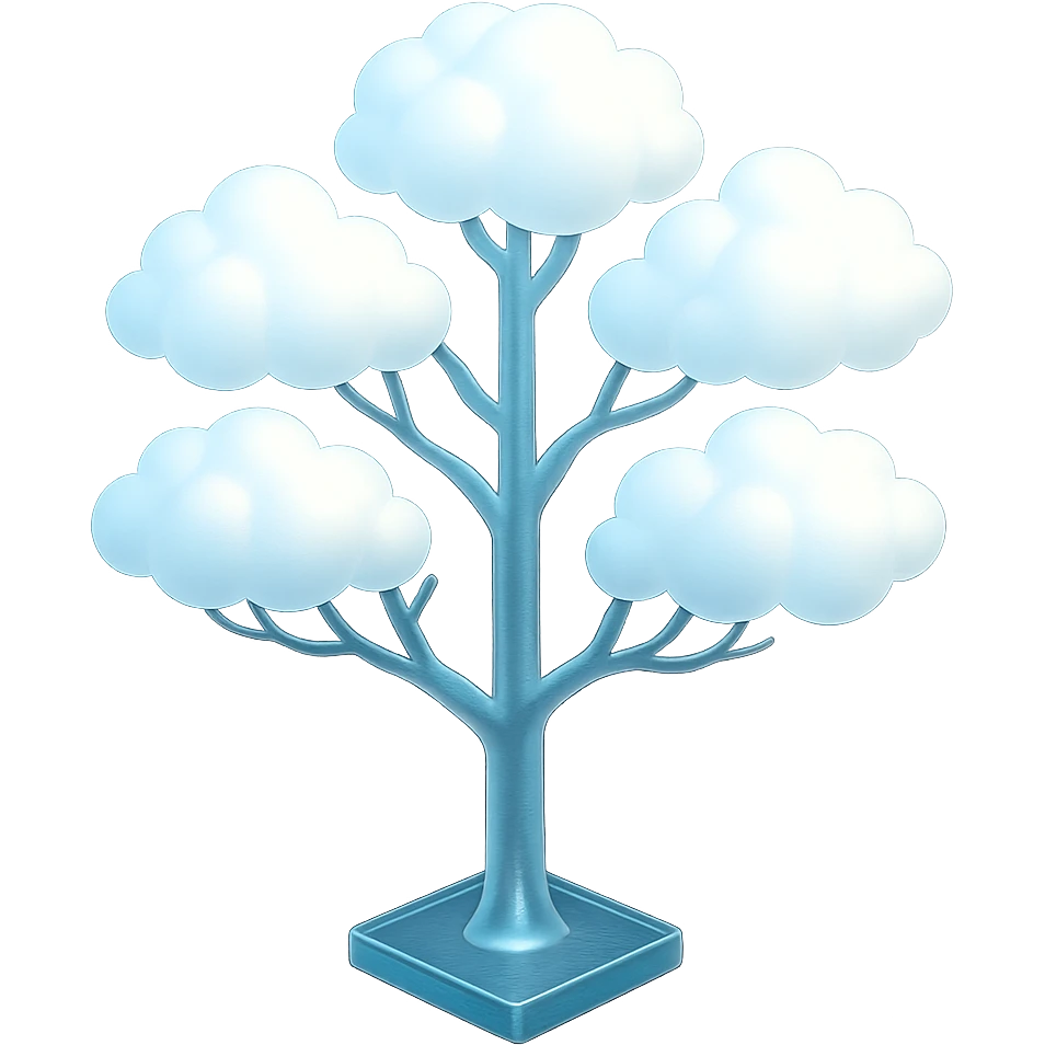 one tree with many branches and a white trunk, crown made of small very bright white fluffy convex clouds, matte glass style emoji