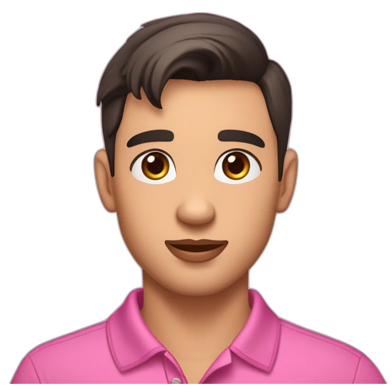 young handsome man with straight short dark hair and dark eyes with large eyelashes and plump pink lips protruding cheekbones in a sports polo shirt with a dog emoji