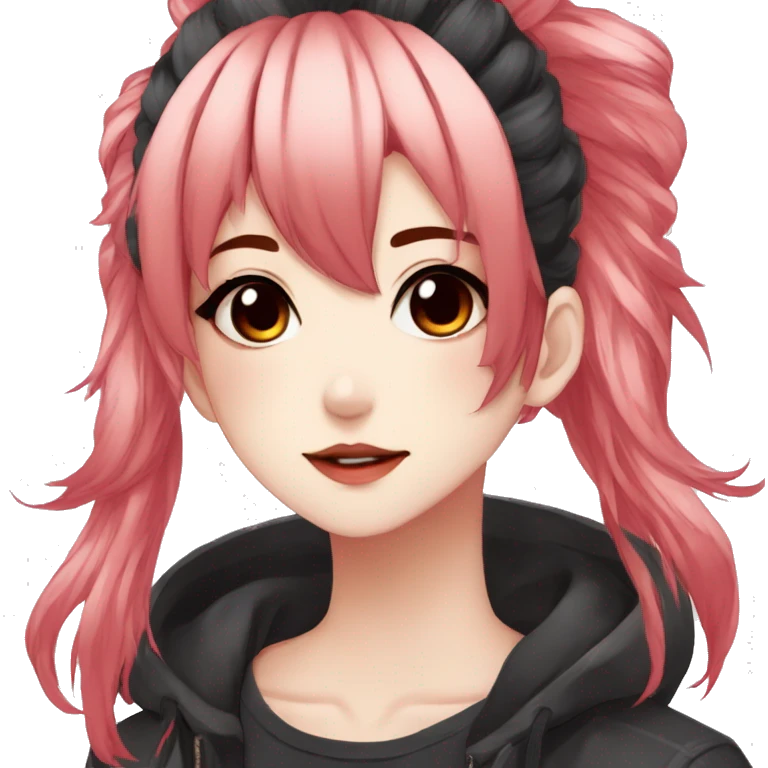 Gorgeous anime style shojo character with blushing face aesthetic and pretty edgy black red punk hair with hair garment trending style emoji
