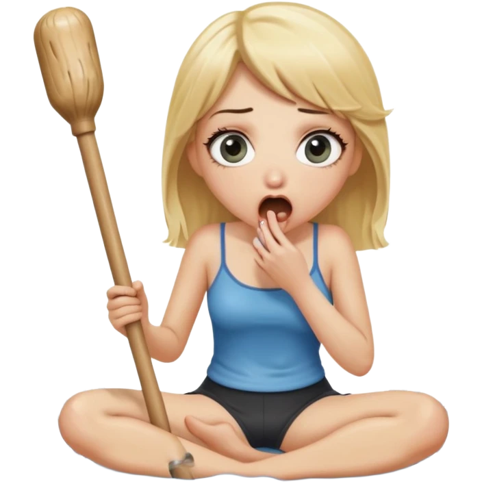 blond woman sitting on her knees with wide eyes, holding a wide skin-colored stick with a D-shaped knob, the stick and the nob have skin texture, water squirting from the knob into her mouth, shocked face, the knob is coming out of pants hanging next to her emoji
