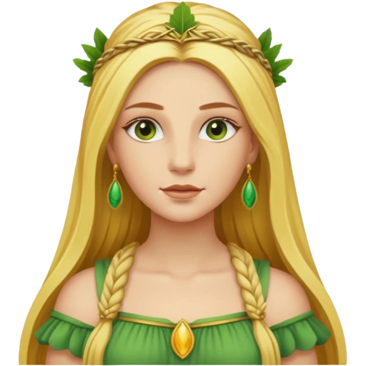 Ceres, Harvest Goddess from Rome Mythology with long golden blonde hair, green and yellow outfit, emoji