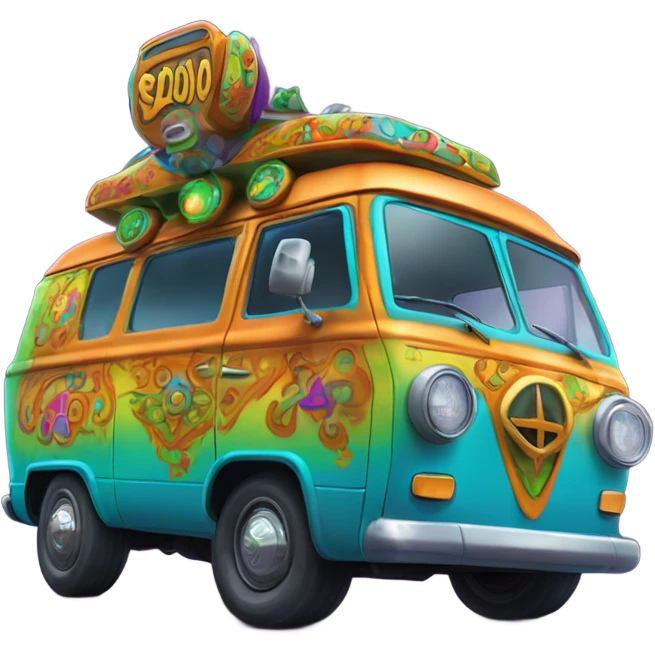 A vibrant semi-realistic depiction of the Scooby-Doo Mystery Machine van with glowing headlights and playful psychedelic patterns. emoji
