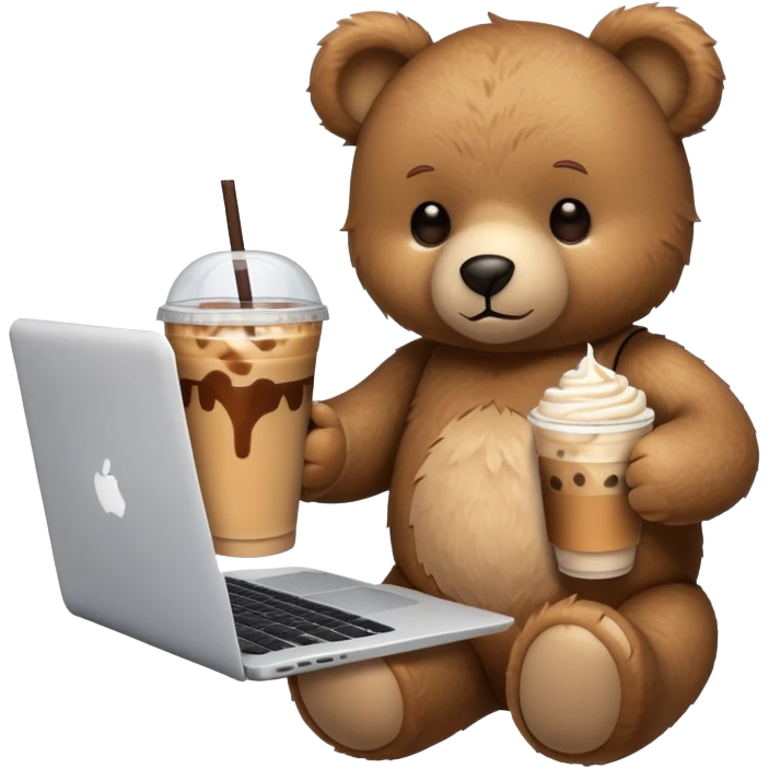 A teddy bear holding an iced coffee and using a laptop. emoji