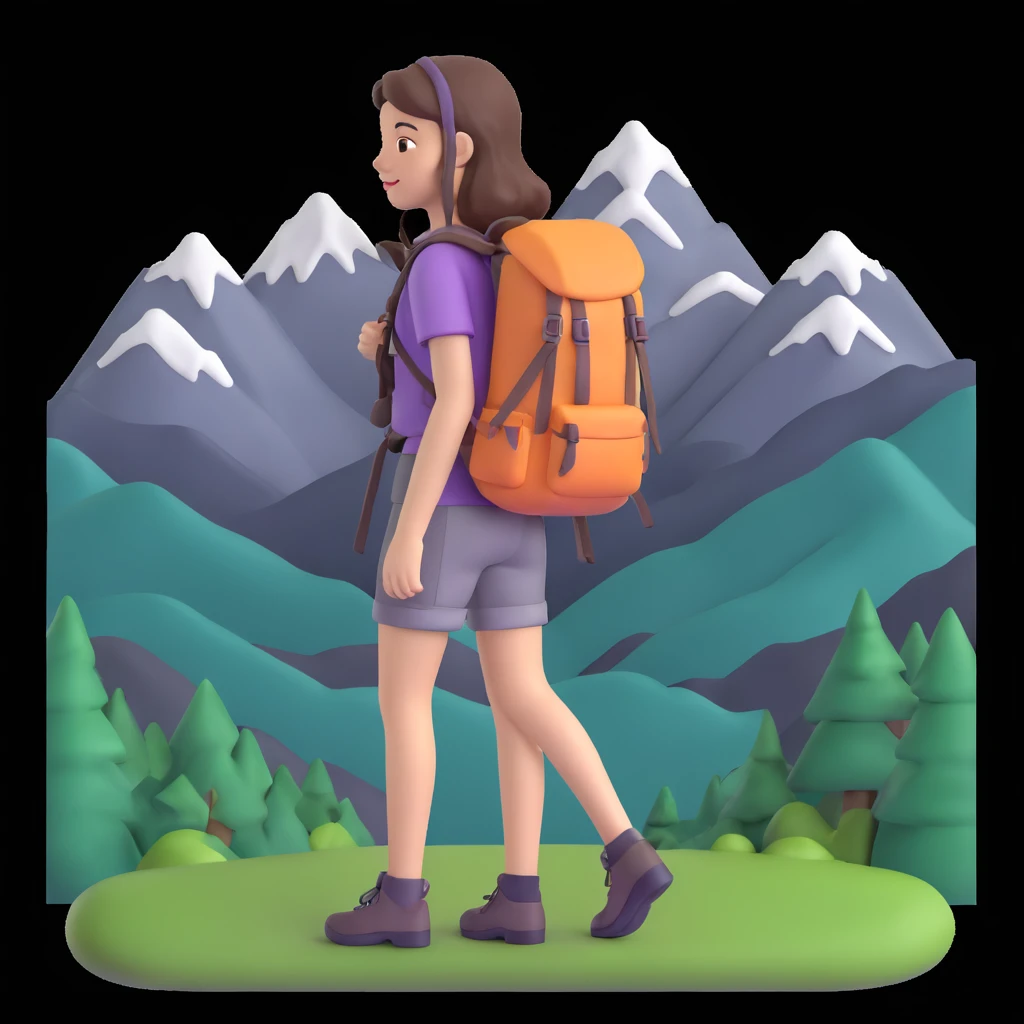 girl back packing mountains in background, close up pose emoji