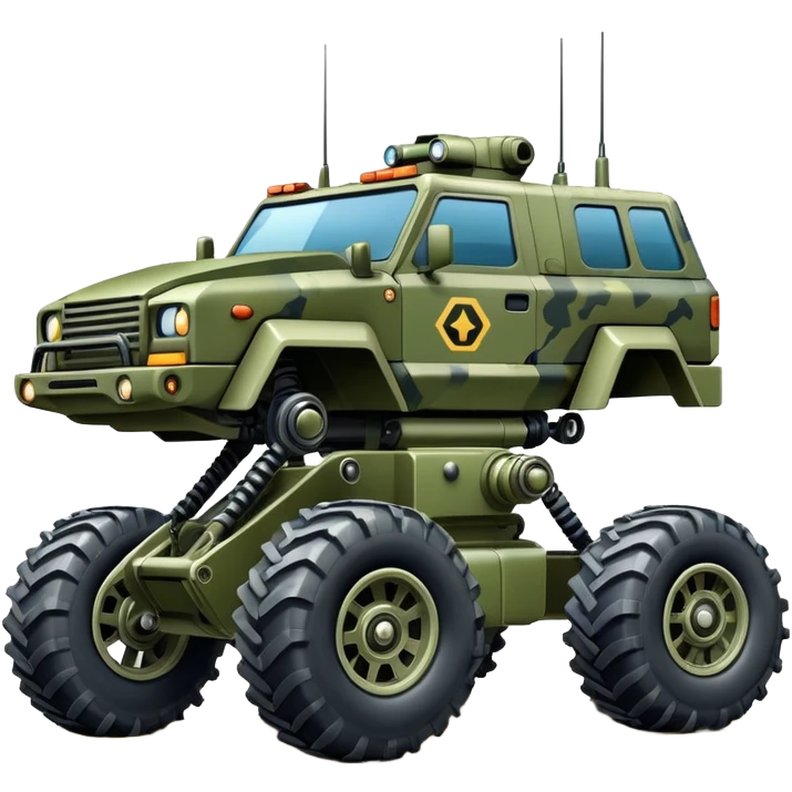 a 4-wheel camouflage army massive mech trail vehicle shooting forward side-hill actively suspended pod enemy mech off-road racing rover with large fast engine  emoji