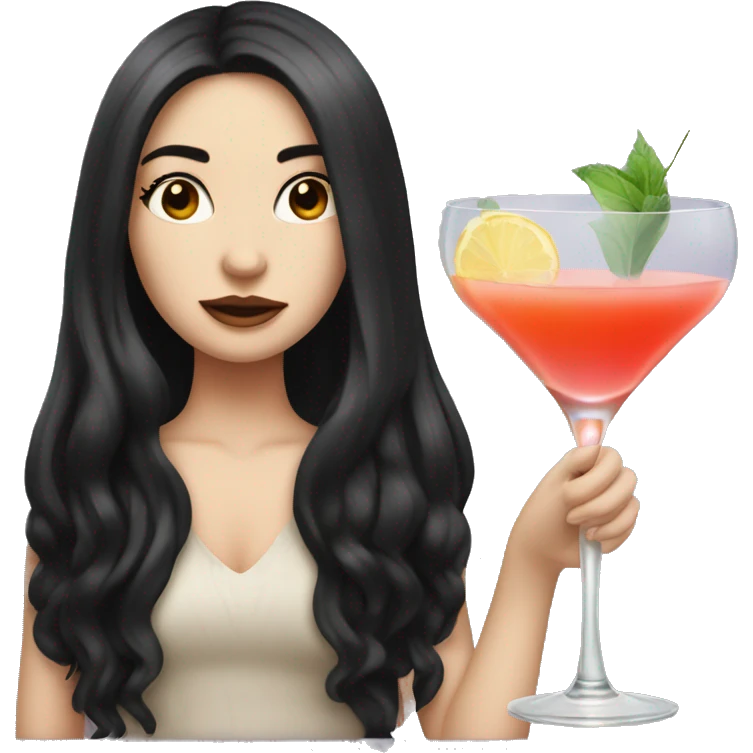Pale girl with long black hair holding cocktail emoji