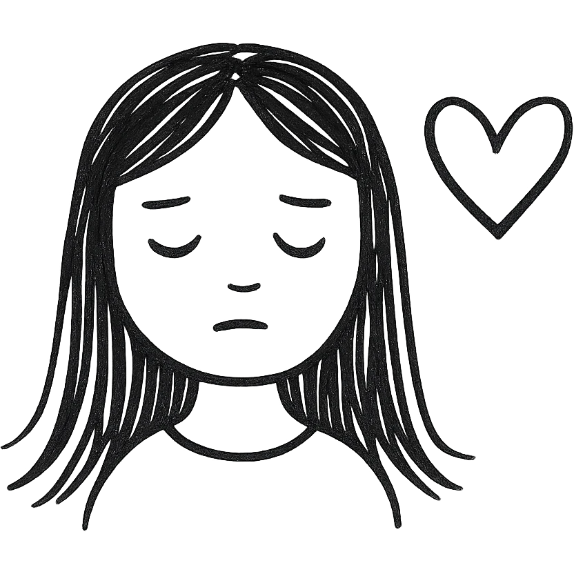 pale girl with long black hair and a black heart emoji