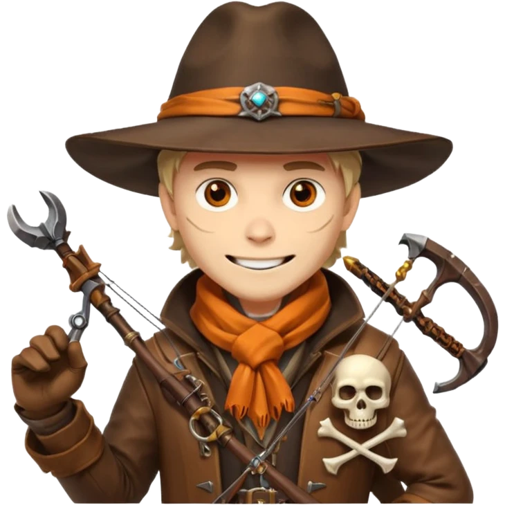 male human monster hunter emoji, wearing brown leather coat and wide hat, holding crossbow or rifle, with amulet shaped like skull, Halloween fantasy theme, confident smile, orange scarf, Apple emoji style, clean white background, square image emoji