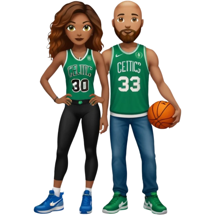48 yr old black woman with Brown eyes, long dark brown balayage hair dressed in sexy 
celtics jersey costume outfit and stilettos with bald white man with Ginger orange facial hair & beard, with Blue eyes, wearing Jason Tatum Boston Celtics Jersey, jeans & matching Nike sneakers  emoji