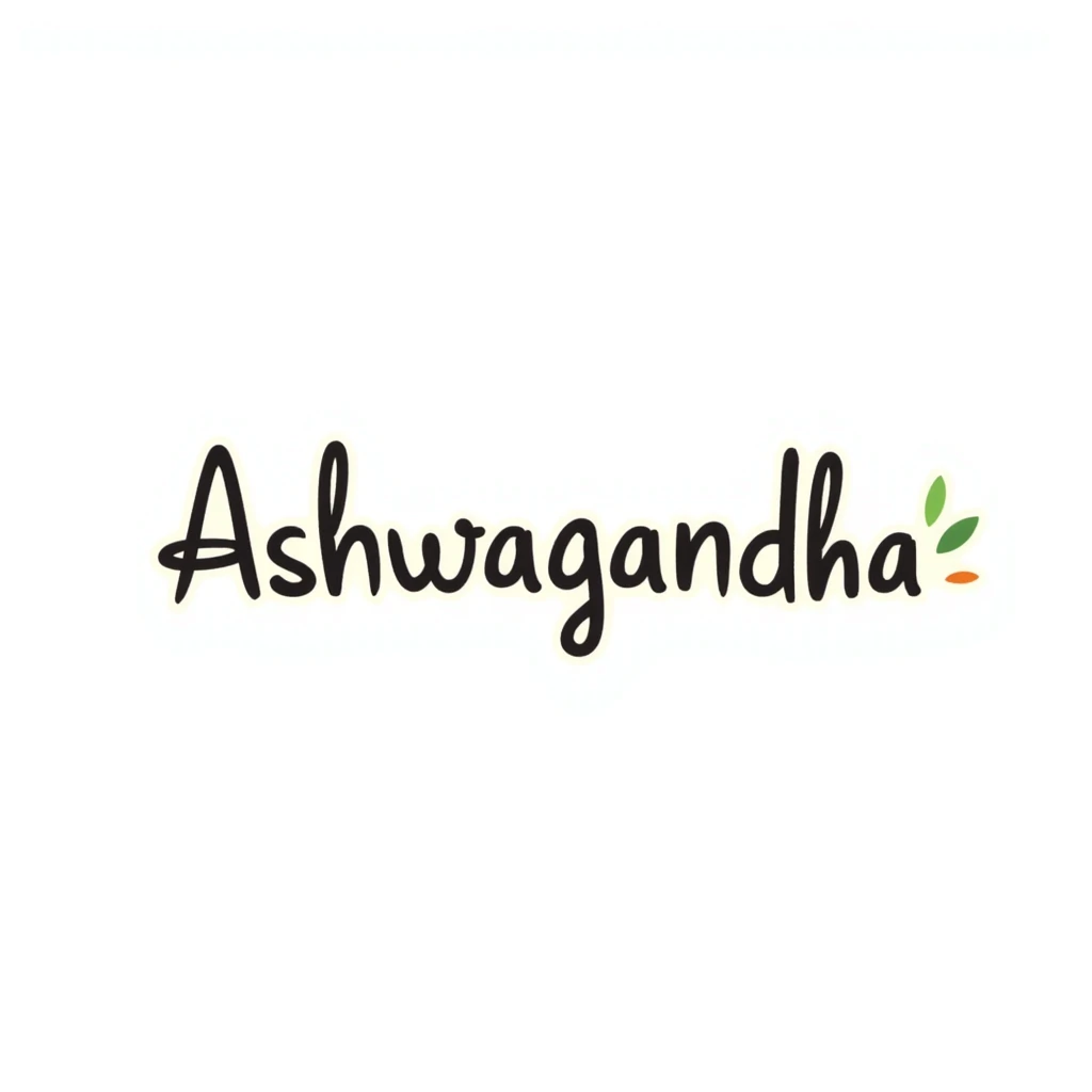 The word "Ashwagandha" hand-drawn in white/cream colored text with just a few green and orange accents. Simple doodle style. emoji