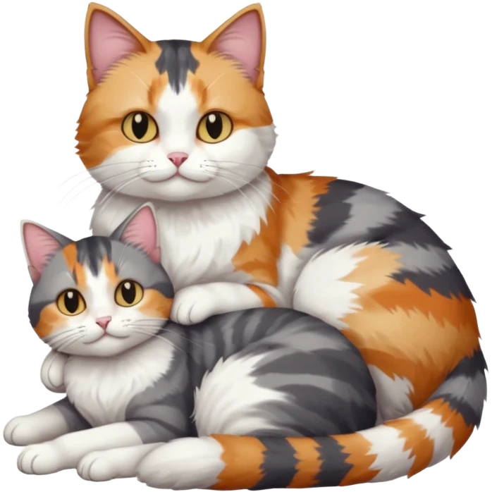 full body colourful light patched calico + white tabby cat cuddling a grey and white cat  emoji