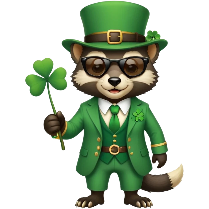 friendly anthropomorphised honey badger in a classic leprechaun suit with shamrock accessories, wearing sunglasses, St. Patrick's Day emoji