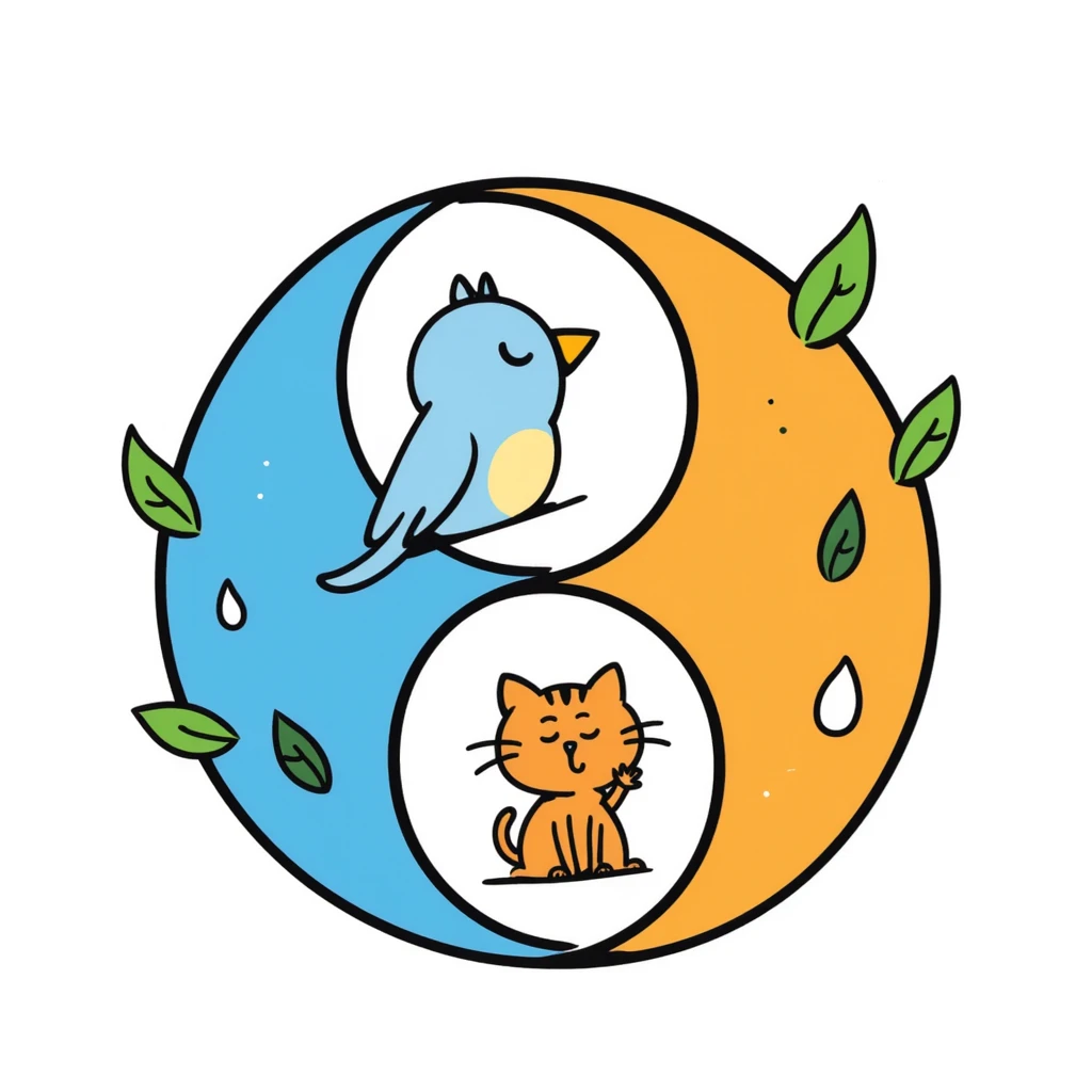 A colorful yin-yang symbol in blues and oranges with gentle leaf patterns in green, representing harmony and balance. Hand-drawn doodle style with vibrant colors. emoji