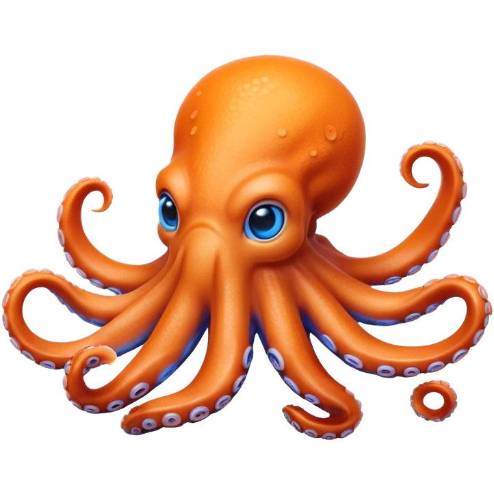 Cinematic Realistic Cute Octopus Portrait Emoji, Head tilted playfully and inquisitively, featuring a gracefully curving, compact body in vibrant orange adorned with delicate blue rings, and a charming, expressive face with round, sparkling eyes full of curious wonder; rendered with lifelike detail and soft natural highlights, high shine, affectionate and enchanting, styled with a touch of whimsical ocean magic, soft glowing outline, capturing the essence of a mischievous yet lovable octopus that seems poised to slither playfully into your arms! emoji