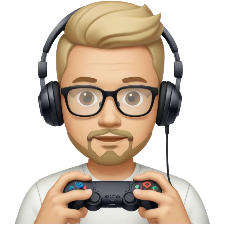 Muchacho guapo con lentes con barba de candado con audífonos jugando playstation  emoji