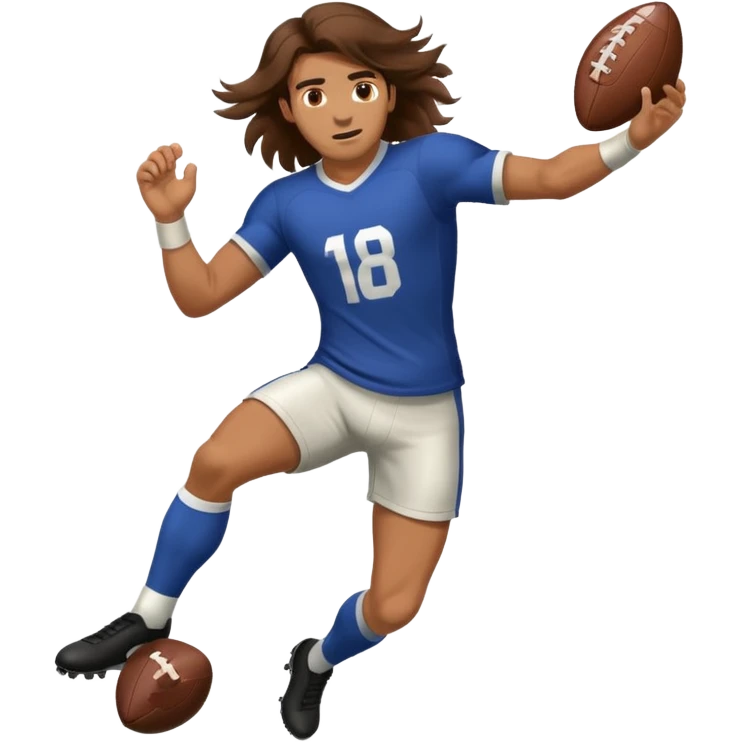 Long Haired Football Players, Male player with long hair kicking ball emoji