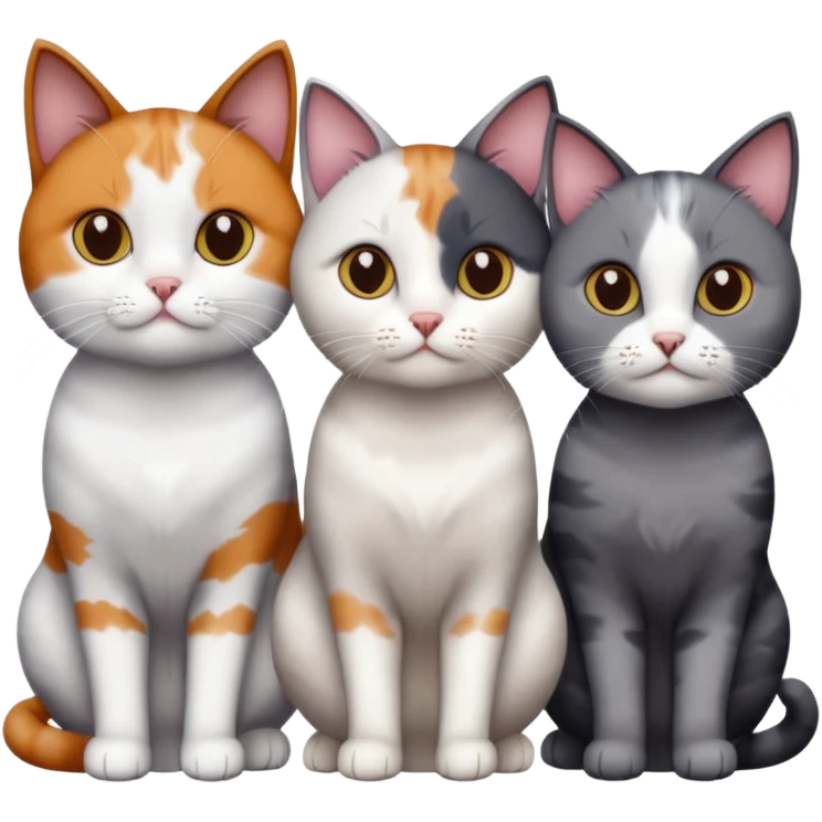 4 different coloured short haired cats including; a dark brown and white cat, and a dark grey and white, and a calico emoji