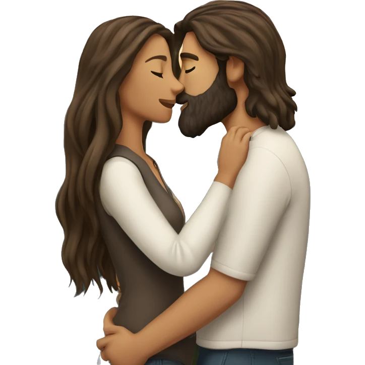 A couple in love, he with a beard, she with long hair, the brunettes are white, they kiss against the background of the mountains emoji