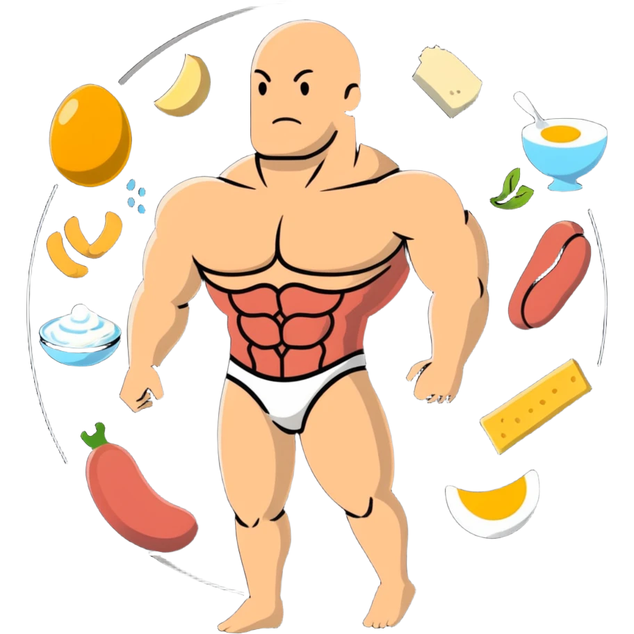 A floating warm orb with bright food icons (meat, egg, beans, tofu, yogurt) orbiting around a semi-transparent muscular human body. The body glows from within, with visible muscle fibers vibrating and expanding. emoji