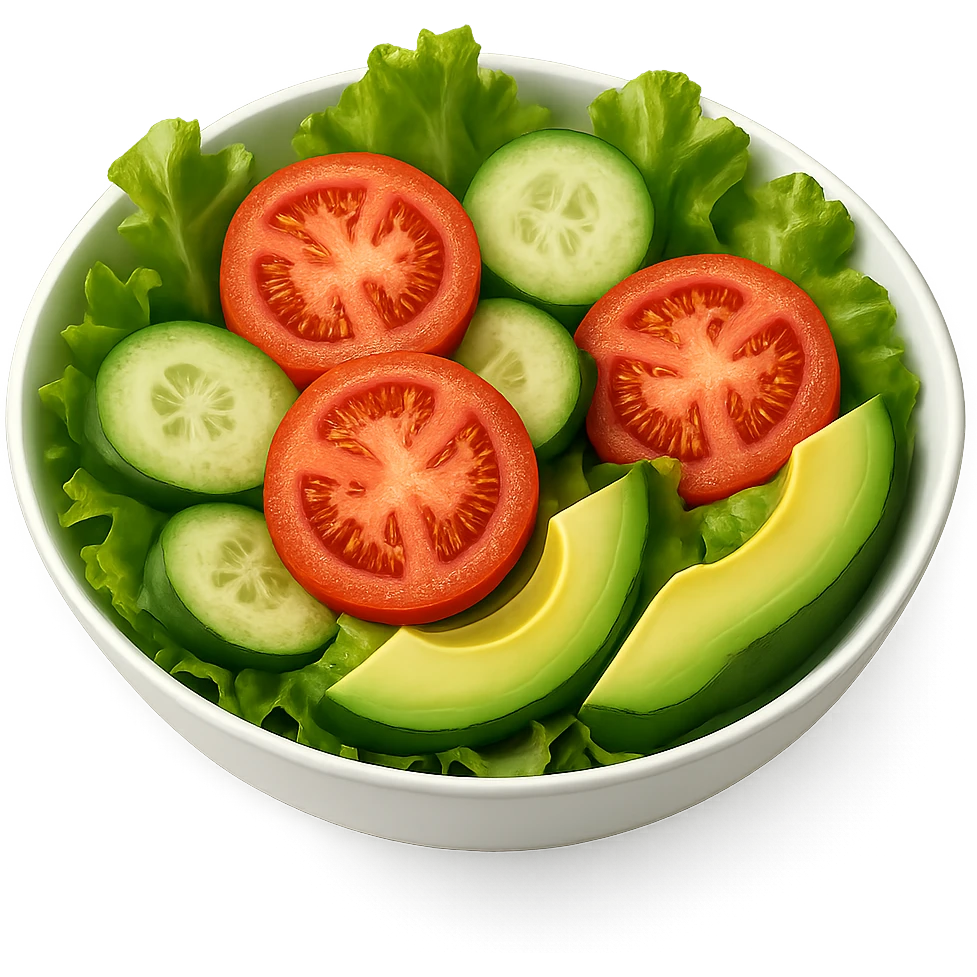 simple, bright salad in a white bowl, showing lettuce, tomato, cucumber, and avocado slices, focus on color and clarity emoji