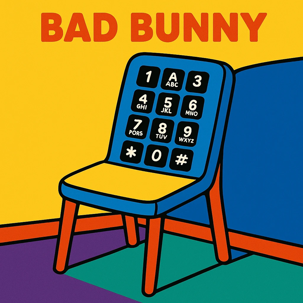 album cover featuring a stylized chair with DTMF touch-tone phone buttons, inspired by Bad Bunny, vibrant toon style emoji