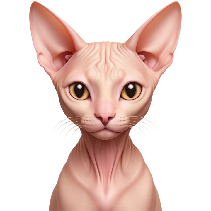 Cinematic Noble Sphynx Cat Portrait Emoji, Poised and regal, with smooth, hairless skin in warm peach and soft pink tones, striking large ears and intense almond-shaped eyes, Simplified yet sharp and sophisticated features, highly detailed, glowing with a soft, dignified glow, high shine, intelligent and graceful, stylized with an air of elegance, focused and attentive, soft glowing outline, capturing the essence of a watchful and refined feline, so majestic it feels as though it could glide across the screen with effortless confidence! emoji