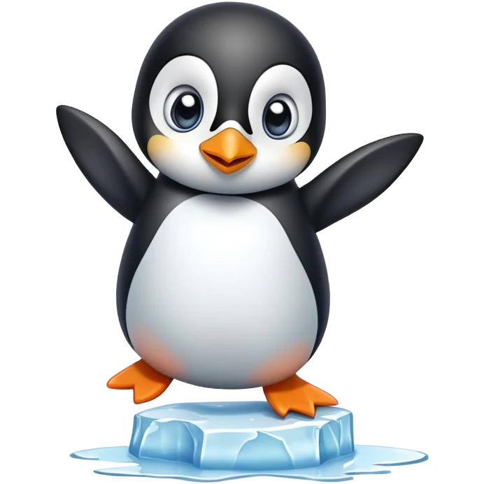 Adorable penguin with big eyes bellyflopping on a small ice brug emoji