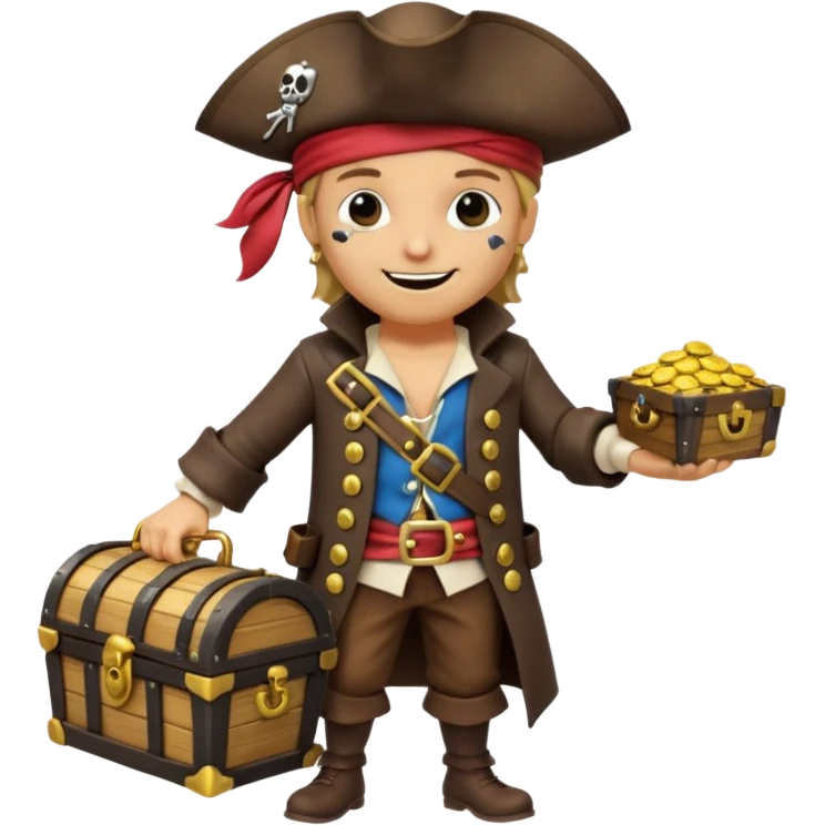 A 3D cartoon pirate character with one eye covered by a black eye patch, holding a treasure chest filled with gold coins and jewels, standing on sandy ground, wearing a pirate hat and coat, warm sunset lighting, realistic Memoji-style rendering. emoji