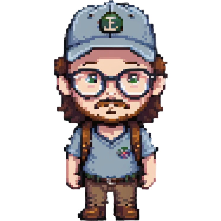 adventurer with small beard, glasses and backwards baseball cap emoji