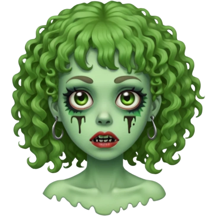 green zombie woman with curly hair, bangs, and a septum piercing. like iPhone emoji emoji