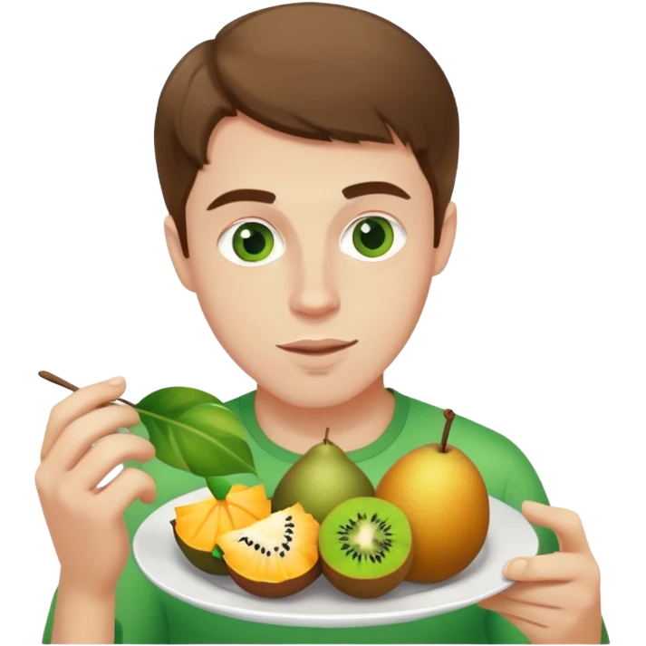 White man brown hair green eyes 27 years old eating a plate of tropical fruit emoji