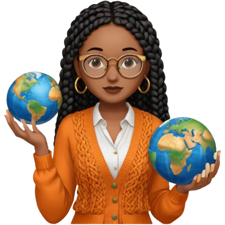 a young woman wearing fine gold round glasses and black hair in several box braids, no earrings, she has light black skin, and she's wearing a white shirt with an orange-terracotta cardigan on top. She's holding a globe in one hand emoji