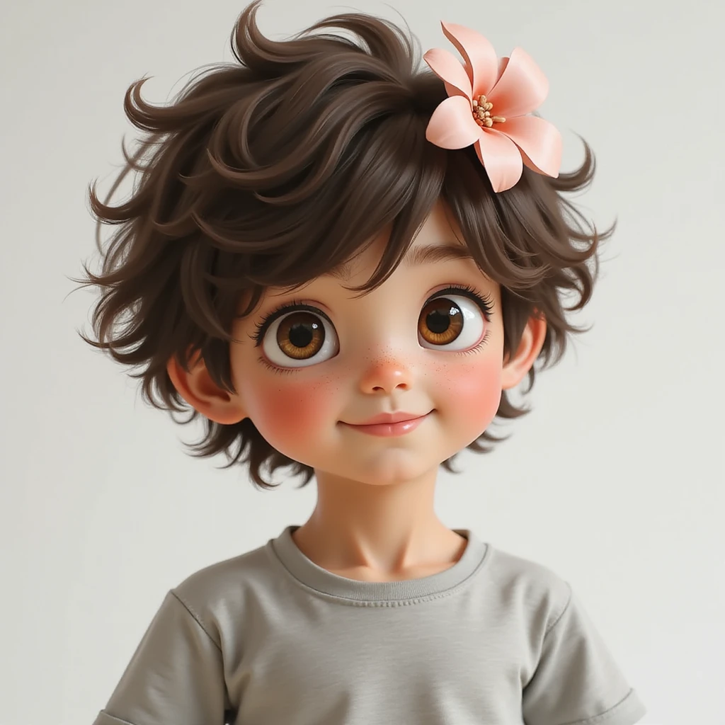 a boy with fluffy, wavy short hair and brown eyes, wearing a light grey t-shirt and a light pink flower on his head, realistic style emoji