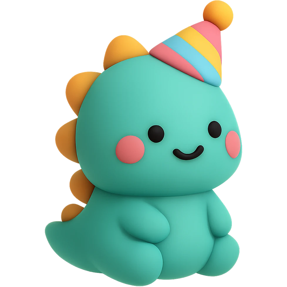 An adorable baby dinosaur with a colorful party hat emoji