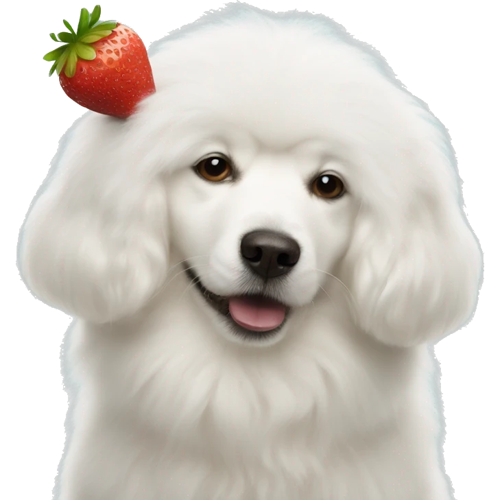Fluffy white dog with strawberry on its head kissing another fluffy white dog  emoji