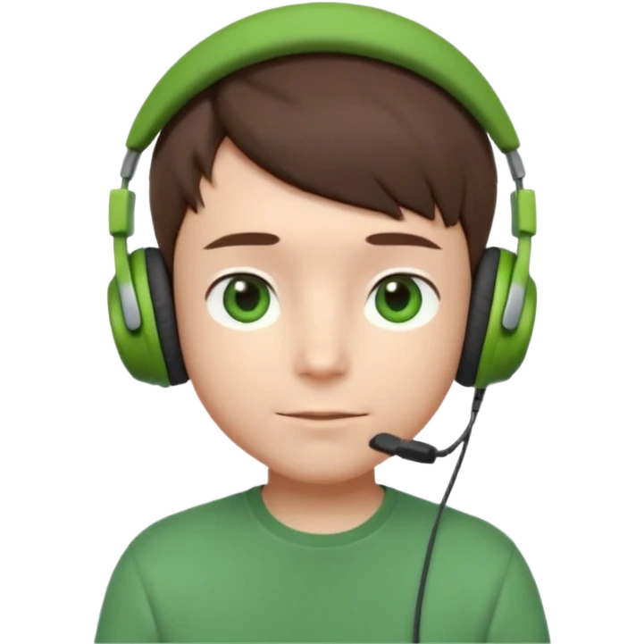 3D cartoon boy avatar, big green eyes, short brown hair, gray headphones, small green leaf on head, green shirt, minimal face, centered portrait, soft lighting, plain background, high quality render. emoji
