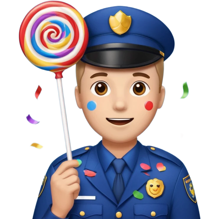 security guard head, birthday confetti, holding a large lollipop, happy emoji