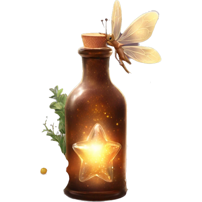 Brown magic fairy light sparkling old Antique bottle with poison and with herbal and flowers emoji