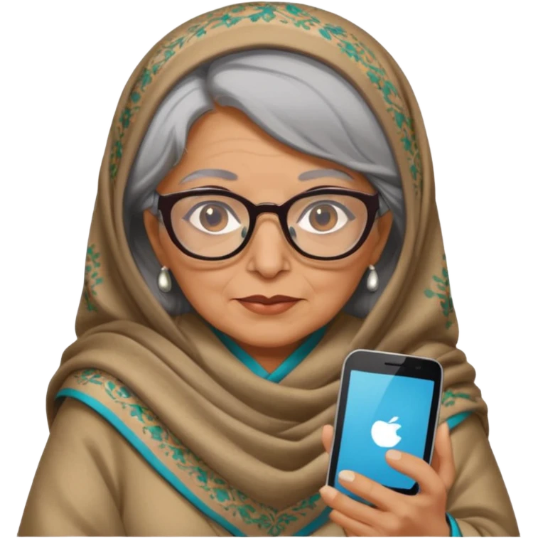 persian old woman Persian shawl with smartphone and glasses, half body emoji