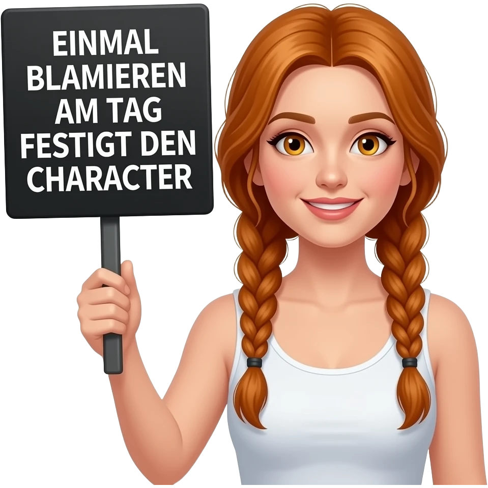 sexy girl with long ginger braids and ginger eyes wearing a white tanktop holds a black sign with EINMAL BLAMIEREN AM TAG FESTIGT DEN CHARAKTER written on it emoji