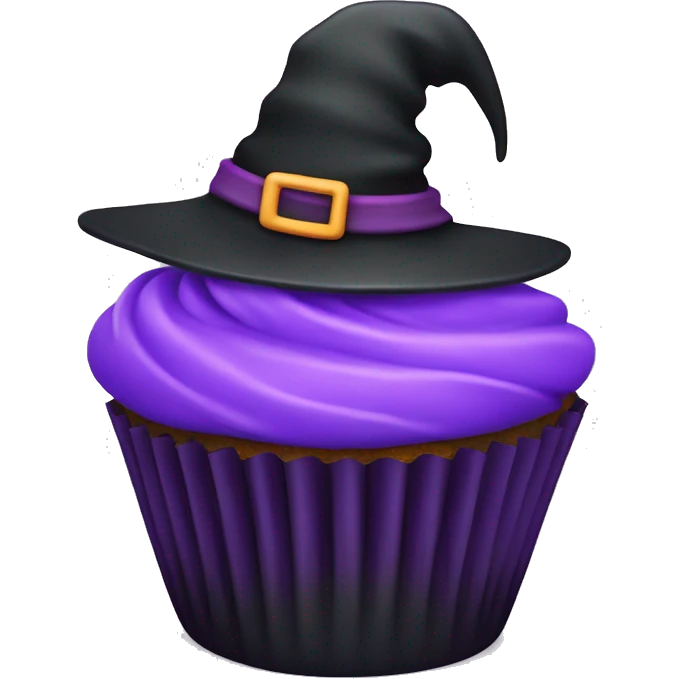 black and purple cupcake with a witch hat emoji
