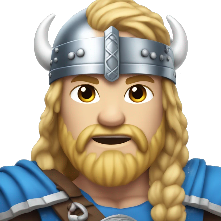Viking, blue clothes, light blonde hair, silver helmet, blue eyes, muscular emoji